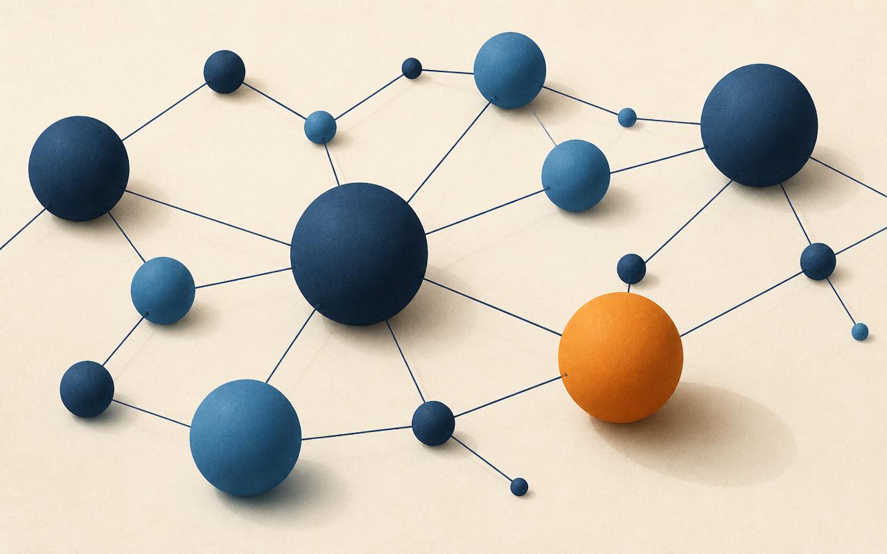 Schema: ein Netz aus Knoten, ein Knoten orange hervorgehoben